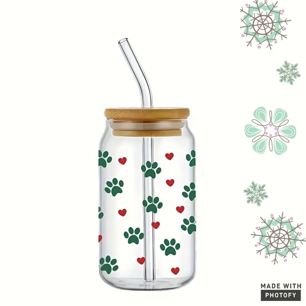 🆕️ Green DOG PAWS & Red HEARTS  16oz Glass Tumbler